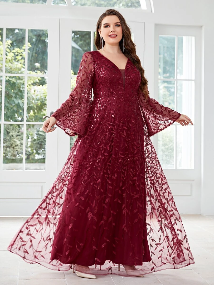 SHEIN Belle 大碼亮片拼接植物刺繡喇叭袖伴娘連衣裙 - 酒紅色 - 查看 1