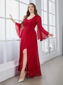 SHEIN Belle Hơn Cổ Trái tim tay áo lá sen Tách đùi Váy phù dâu - Đỏ - Xem 1