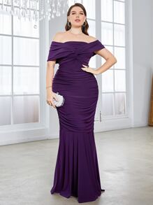 SHEIN Belle Plus Off Shoulder Twist Front Ruched Mermaid Hem Bridesmaid Dress - Purple - View 1