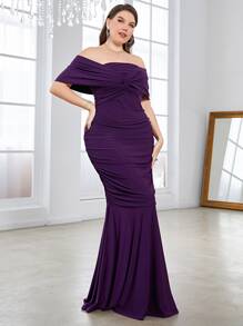 SHEIN Belle Plus Off Shoulder Twist Front Ruched Mermaid Hem Bridesmaid Dress - Purple - View 3