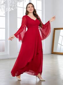SHEIN Belle Hơn Cổ Trái tim tay áo lá sen Tách đùi Váy phù dâu - Đỏ - Xem 5