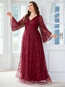 SHEIN Belle 大碼亮片拼接植物刺繡喇叭袖伴娘連衣裙 - 酒紅色 - 查看 6