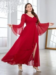 SHEIN Belle Hơn Cổ Trái tim tay áo lá sen Tách đùi Váy phù dâu - Đỏ - Xem 6