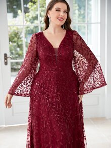 SHEIN Belle 大碼亮片拼接植物刺繡喇叭袖伴娘連衣裙 - 酒紅色 - 查看 7