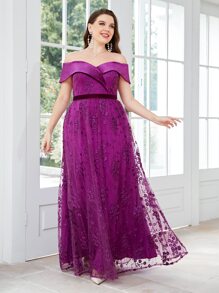 SHEIN Belle Plus Off Shoulder Floral Embroidery Mesh Overlay Lace Bridesmaid Dress - Purple - View 1