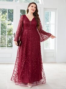 SHEIN Belle 大碼亮片拼接植物刺繡喇叭袖伴娘連衣裙 - 酒紅色 - 查看 8