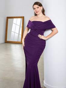 SHEIN Belle Plus Off Shoulder Twist Front Ruched Mermaid Hem Bridesmaid Dress - Purple - View 5