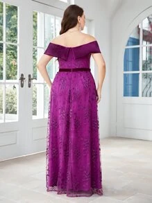SHEIN Belle Plus Off Shoulder Floral Embroidery Mesh Overlay Lace Bridesmaid Dress - Purple - View 2