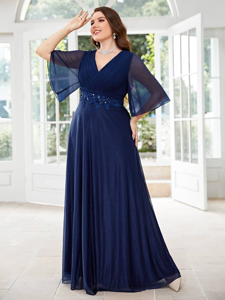 SHEIN Belle Plus Appliques Pleated Panel Chiffon Dress - Navy Blue - View 6