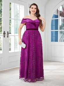 SHEIN Belle Plus Off Shoulder Floral Embroidery Mesh Overlay Lace Bridesmaid Dress - Purple - View 6