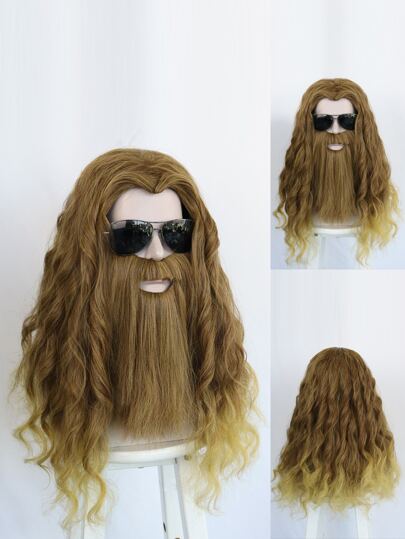 20英寸中长渐变棕色至金色卷发假发，带胡须，适合成人角色扮演，80年代复古波浪假发，嬉皮摇滚角色扮演派对胡须假发，免胶耐热，时尚丝滑柔软纤维发，高密度，自然逼真，动漫卡通服装角色扮演假发，节日礼物