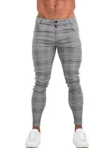 Men Plaid Print Skinny Trousers - Grey - View 1