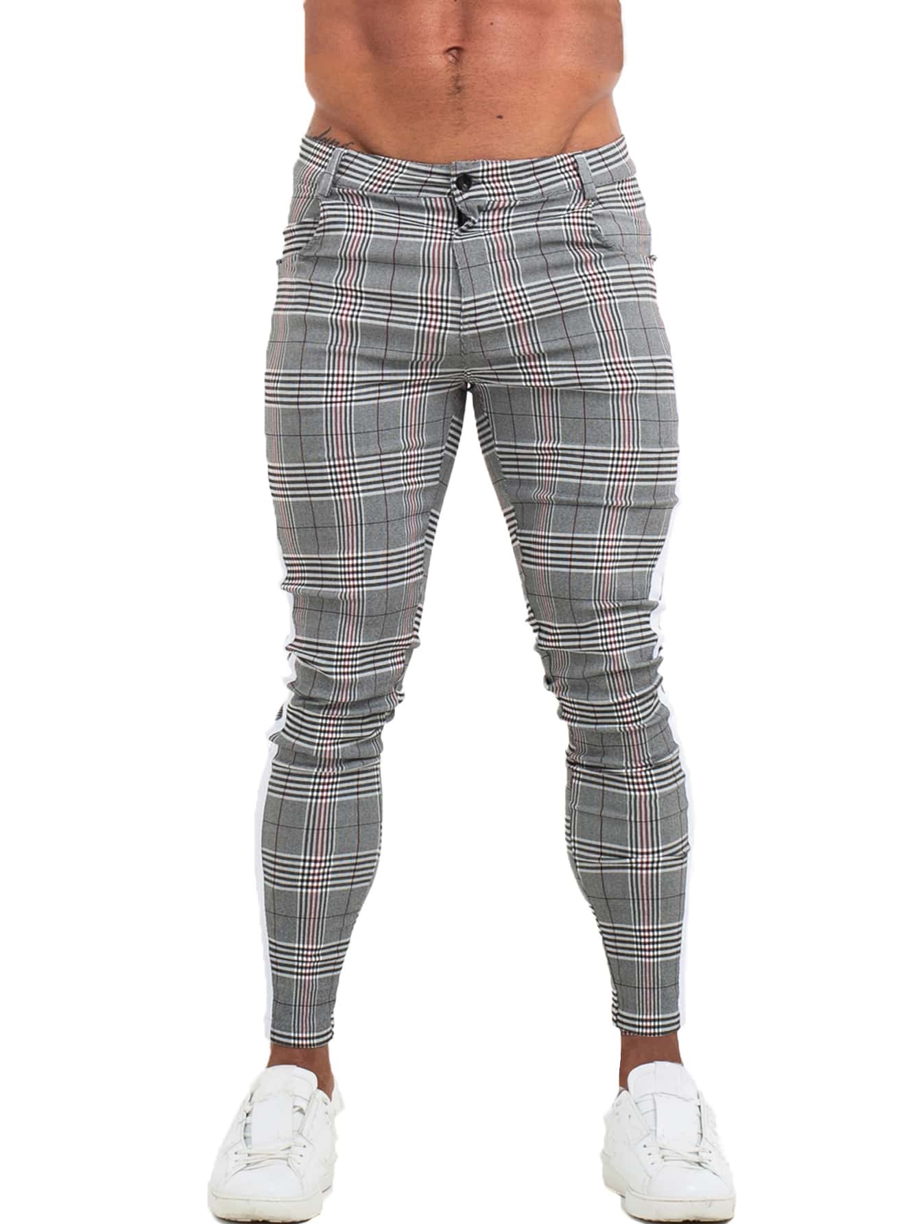 Men Plaid Print Skinny Trousers - Grey - View 1