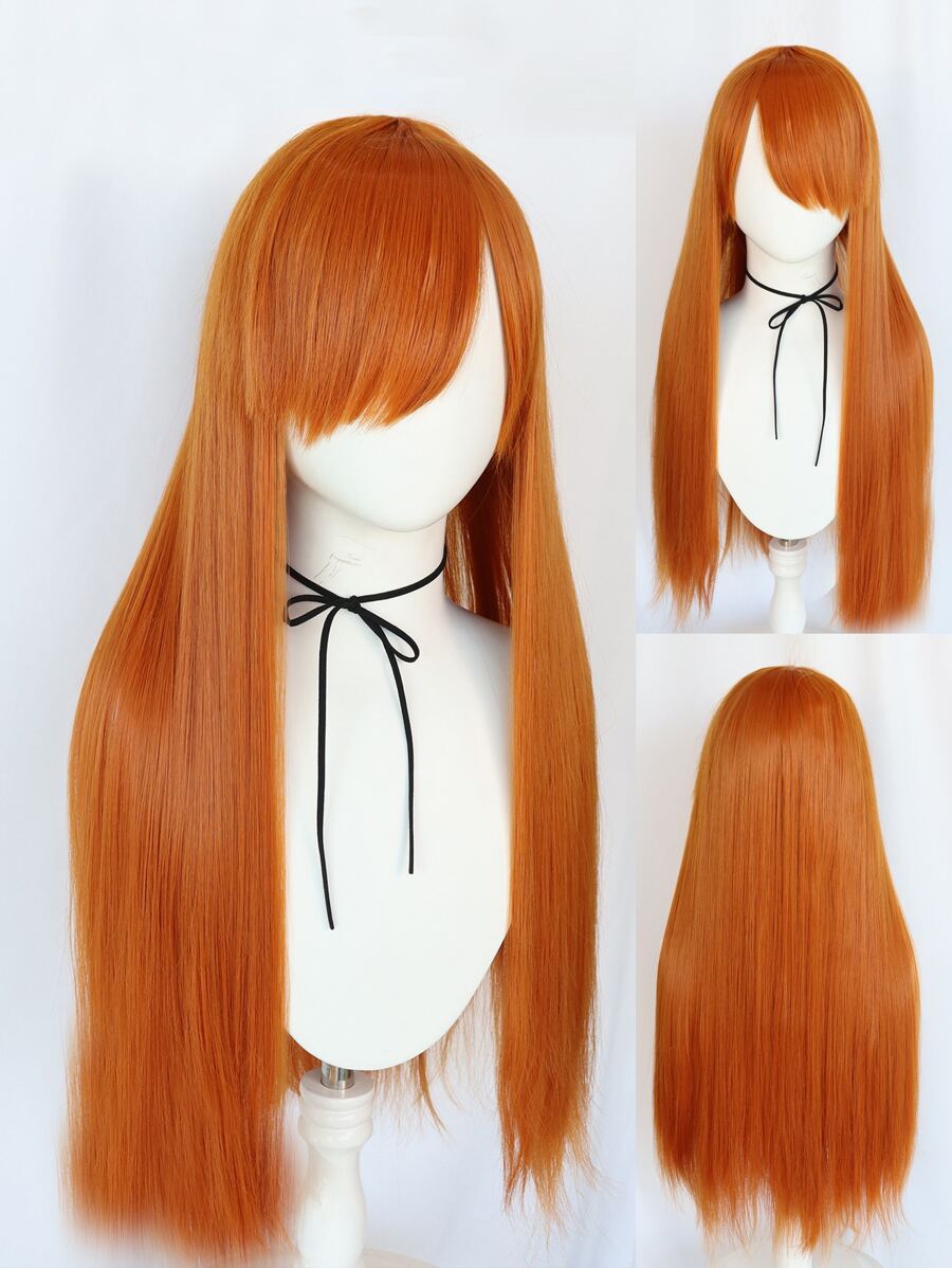 1pc Tóc giả tổng hợp Cosplay thẳng dài có mái bằng và 1 cái mũ tóc giả 1pc - trái cam - Xem 1