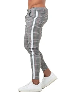 Men Plaid Print Skinny Trousers - Grey - View 3