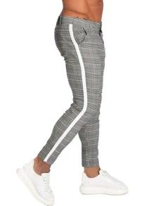 Men Plaid Print Skinny Trousers - Grey - View 4