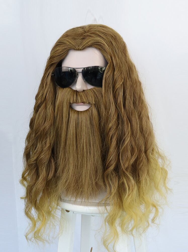 20英寸中长渐变棕色至金色卷发假发，带胡须，适合成人角色扮演，80年代复古波浪假发，嬉皮摇滚角色扮演派对胡须假发，免胶耐热，时尚丝滑柔软纤维发，高密度，自然逼真，动漫卡通服装角色扮演假发，节日礼物 - 彩色 - 查看 5