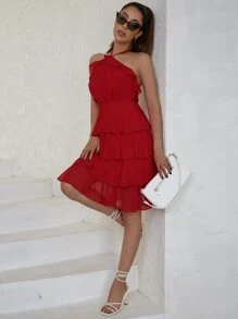 Eilly Bazar 繞頸荷葉邊連衣裙 - 紅色 - 查看 1