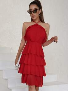 Eilly Bazar 繞頸荷葉邊連衣裙 - 紅色 - 查看 4