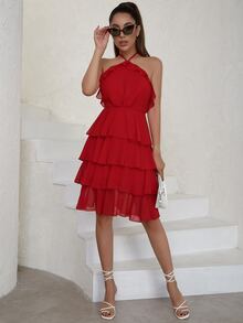 Eilly Bazar 繞頸荷葉邊連衣裙 - 紅色 - 查看 5