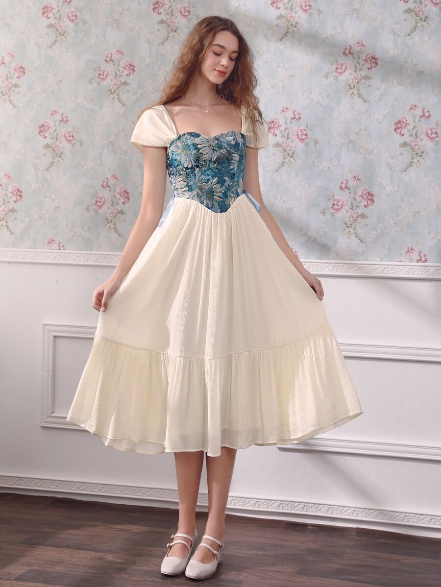 SHEIN MOD Đầm Ren lên Dây kéo Thùa khuyết Hoa Thanh lịch - Màu be - Xem 1