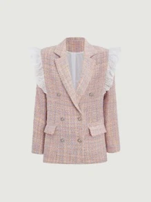 SHEIN MOD Eyelet Embroidery Ruffle Trim Flap Detail Tweed Overcoat - Multicolor - View 2
