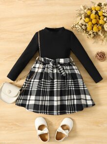 SHEIN Đầm em bé Thắt lưng Gân đan Sọc ca rô Ăn mặc đẹp - Đen và trắng - Xem 1