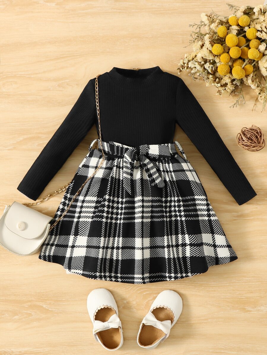 SHEIN Đầm em bé Thắt lưng Gân đan Sọc ca rô Ăn mặc đẹp - Đen và trắng - Xem 1