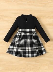 SHEIN Đầm em bé Thắt lưng Gân đan Sọc ca rô Ăn mặc đẹp - Đen và trắng - Xem 2