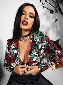 ROMWE PUNK 骷髏和花卉印花短版西裝 - 彩色 - 查看 1