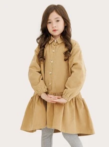 Niñas Vestido smock bajo con fruncido de pana - Caqui - Ver 6