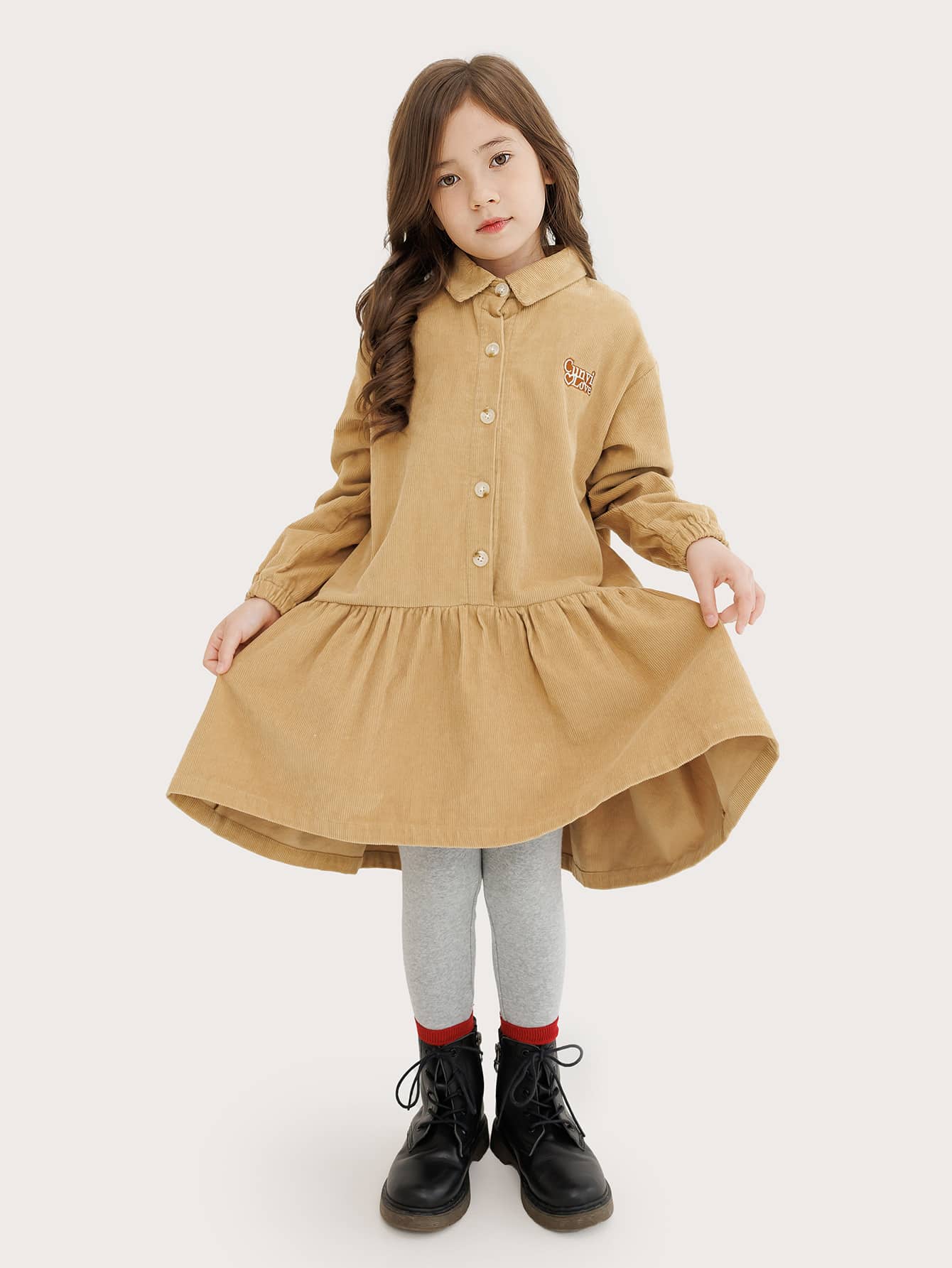 Niñas Vestido smock bajo con fruncido de pana - Caqui - Ver 1