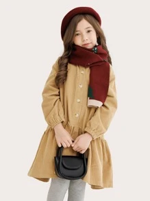 Niñas Vestido smock bajo con fruncido de pana - Caqui - Ver 3