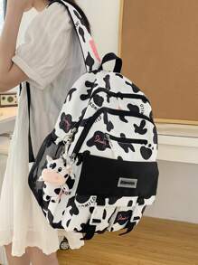 Mochila funcional con estampado de vaca y letra con con diseño de dibujos animados - Blanco y Negro - Ver 1