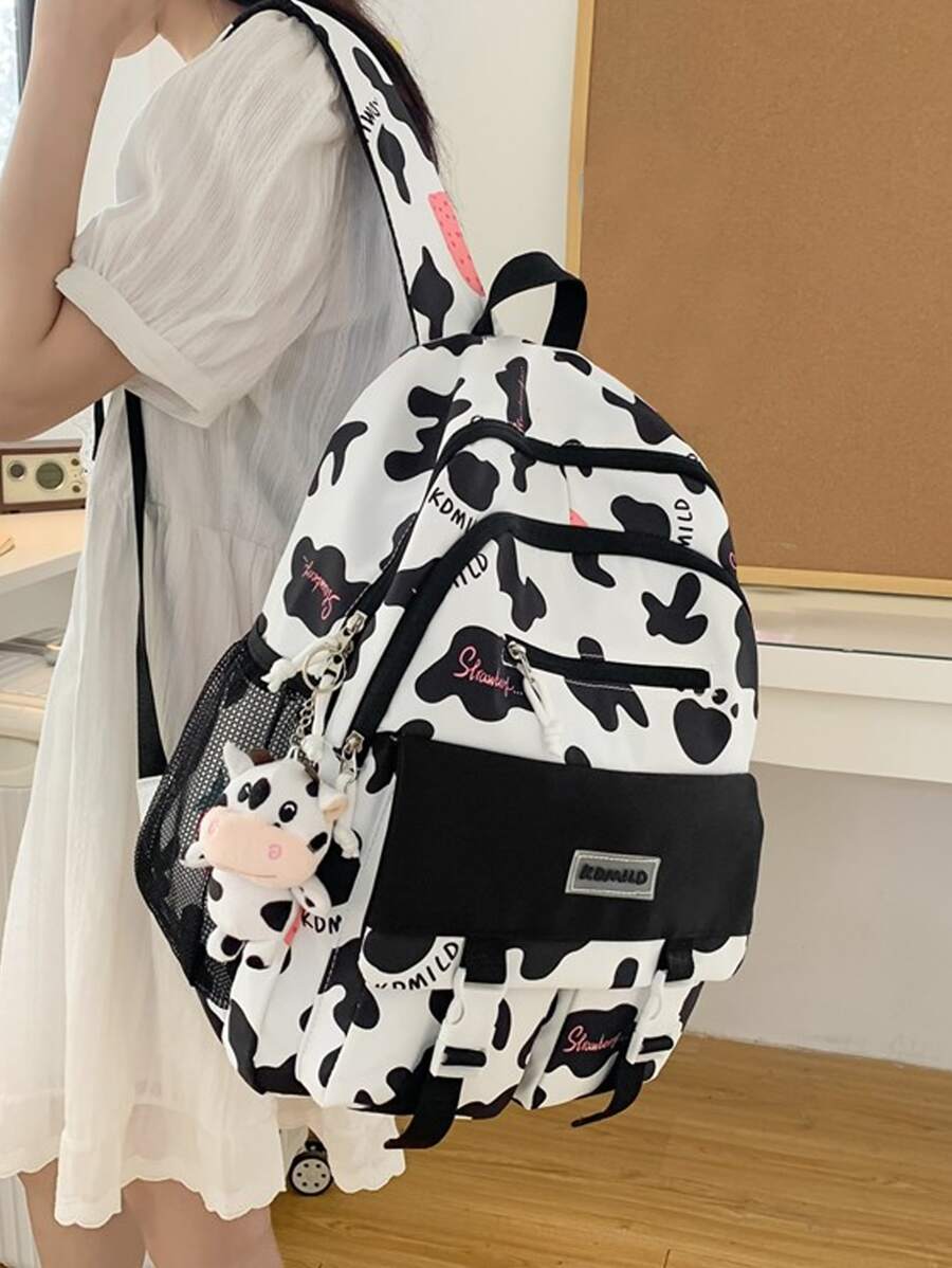Mochila funcional con estampado de vaca y letra con con diseño de dibujos animados - Blanco y Negro - Ver 1