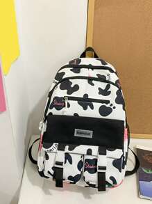 Mochila funcional con estampado de vaca y letra con con diseño de dibujos animados - Blanco y Negro - Ver 2