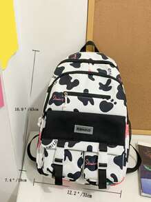 Mochila funcional con estampado de vaca y letra con con diseño de dibujos animados - Blanco y Negro - Ver 6