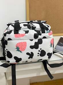 Mochila funcional con estampado de vaca y letra con con diseño de dibujos animados - Blanco y Negro - Ver 4