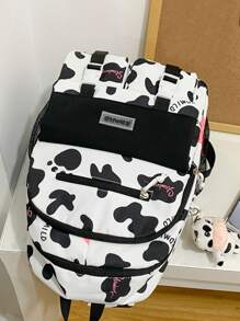 Mochila funcional con estampado de vaca y letra con con diseño de dibujos animados - Blanco y Negro - Ver 5