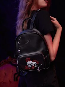 ROMWE Goth Mochila estilo punk con calavera y rosas vintage, perfecta para fiestas de Halloween, moda gótica y de Halloween - Negro - Ver 3