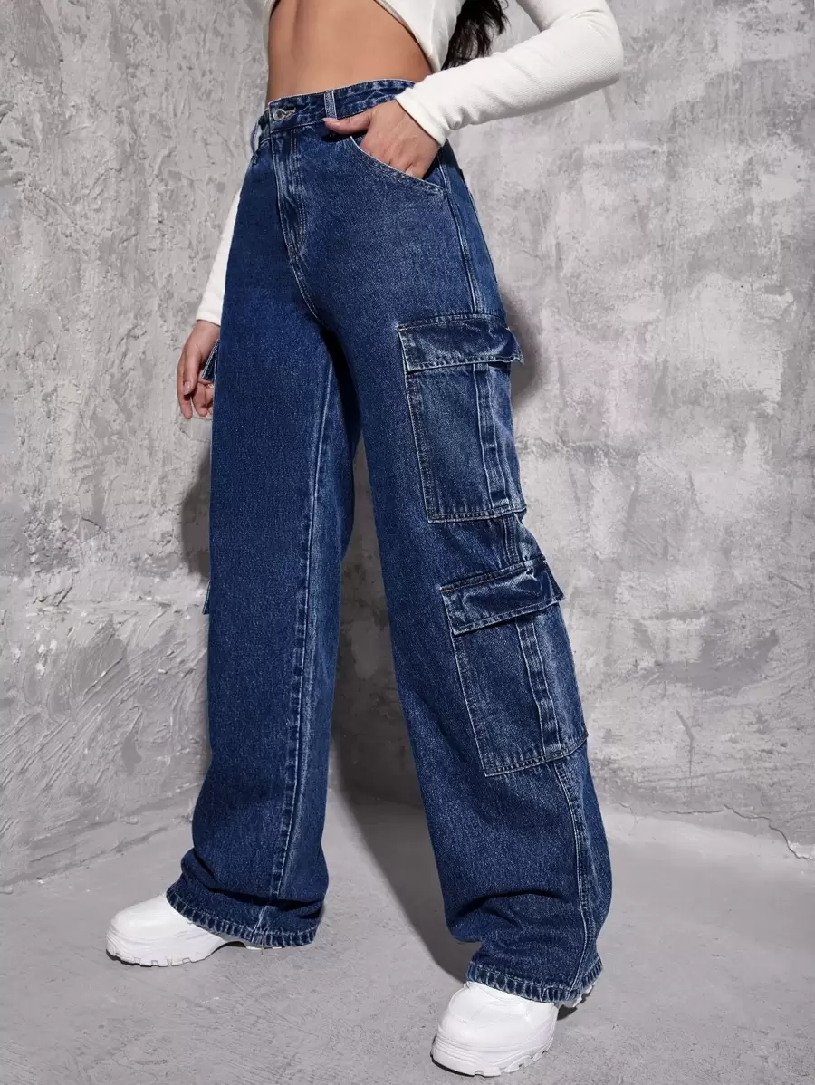 SHEIN ICON Quần jean nữ Nút Túi Dây kéo màu trơn - Rửa tối - Xem 1