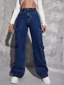 SHEIN ICON Quần jean nữ Nút Túi Dây kéo màu trơn - Rửa tối - Xem 2