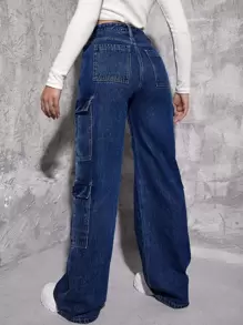 SHEIN ICON Quần jean nữ Nút Túi Dây kéo màu trơn - Rửa tối - Xem 3