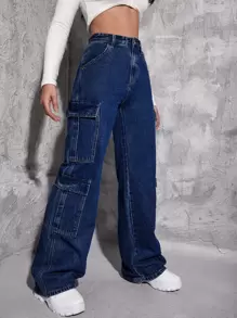 SHEIN ICON Quần jean nữ Nút Túi Dây kéo màu trơn - Rửa tối - Xem 4