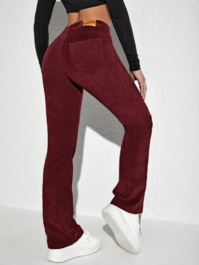 SHEIN Unity Pantalon à applique lettre évasé en velours côtelé