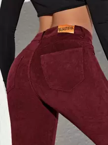 SHEIN Unity Quần nữ Nút Đắp vá Dây kéo màu trơn Giải trí - Màu Đỏ Sâu - Xem 5