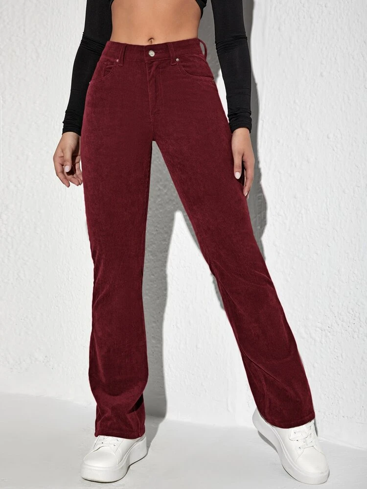 Letter Patched Flare Leg Corduroy Pants Fall Cloth For Women