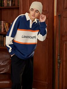 Men Letter Graphic Colorblock Drop Shoulder Pullover - Blue and White - View 3