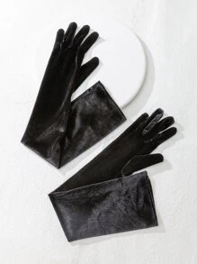 素色絲絨長手套 - 黑色 - 查看 2