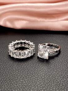 Bộ 2 chiếc nhẫn Cubic Zirconia tuyệt đẹp dành cho phụ nữ làm đồ trang sức cưới Quà tặng ngày lễ tình nhân, Mẹ, Mẹ, Ngày của Mẹ, Quà tặng - Bạc - Xem 7